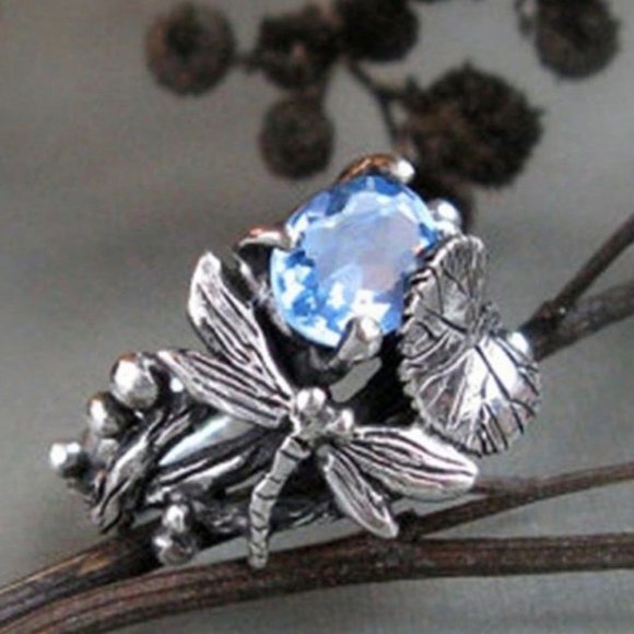 Vtg Style Dragonfly Aquamarine Ring sz 6 - Picture 1 of 12